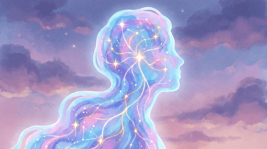 Translucent human silhouette containing glowing stars and neural pathways against a cloudy twilight sky.